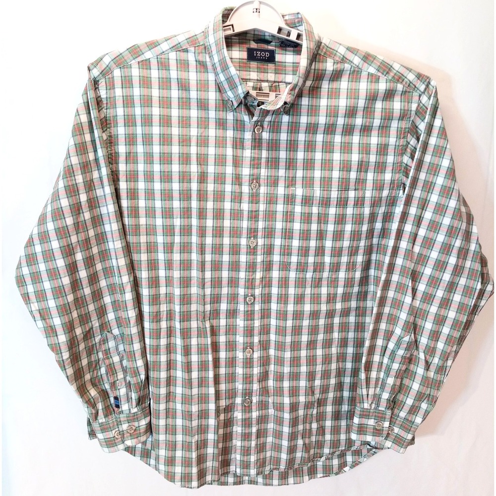 IZOD Jeans Long Sleeve Button Down Men's Shirt, Large, Green Red Plaid